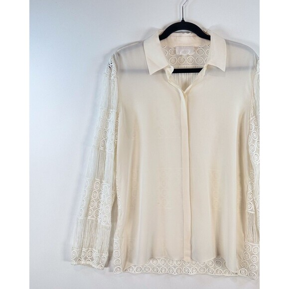 ALEXIS Womens Top Beige Button Up Silk Crochet Lace Sheer Blouse Boho USA Size 6 - Picture 4 of 11